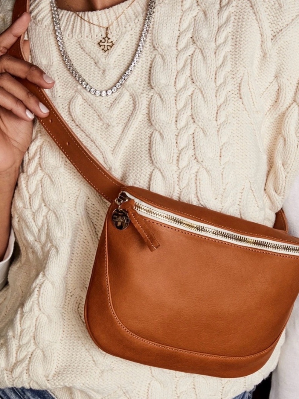 Clare V. Fanny Pack Tan, leather belt bag, chambray interior